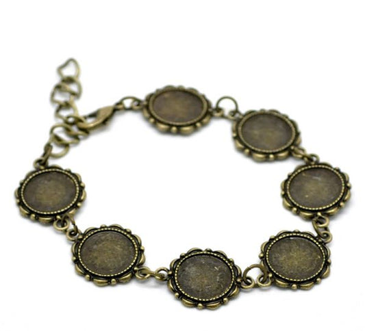 Antique Bronze Round Cabochon Setting Disk Bracelets 21cm(8 1/4"), 2pcs