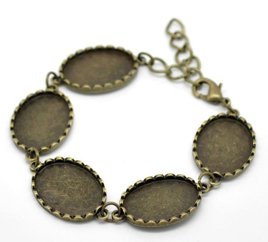 Antique Bronze Oval Cabochon Setting Disk Bracelets 19cm(7 4/8"), 2pcs