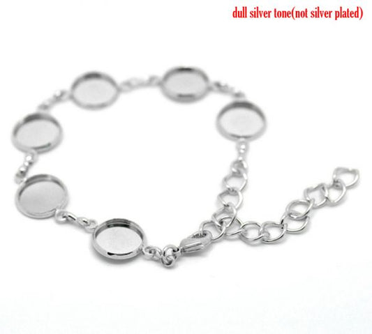 Antique Silver Round Cabochon Setting Disk Bracelets 16cm(6 2/8"), 3pcs
