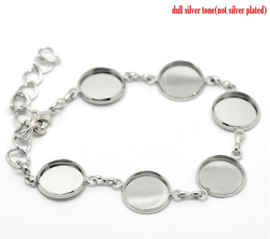 Antique Silver Round Cabochon Setting Disk Bracelets 17cm(6 6/8"), 2pcs