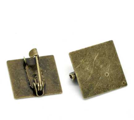 Antique Bronze Brooch, 15x15mm, with 15x15mm pad, 30pcs