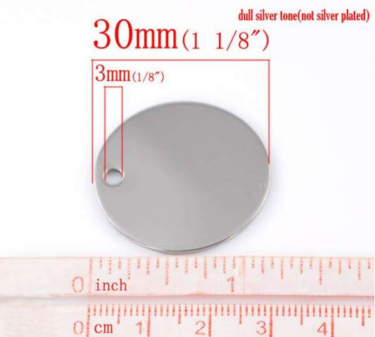 Antique Silver Stainless Steel Blanks for Stamping, Round 30mm Charm, 10pcs