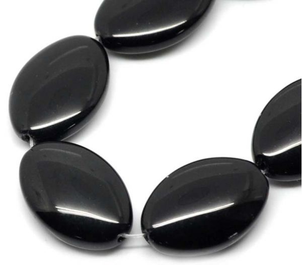 Glass Beads, Oval, Black, 19mm x 13mm, 33cm long, 5 strands