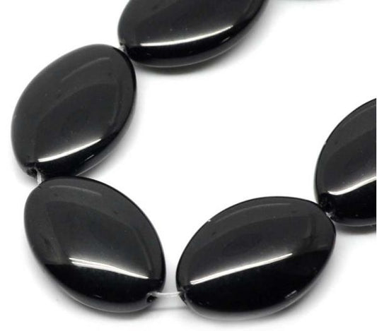 Glass Beads, Oval, Black, 19mm x 13mm, 33cm long, 5 strands