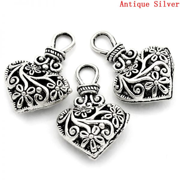 Antique Silver Hollow Heart 3d Pendant, 31x19mm, 10 pcs