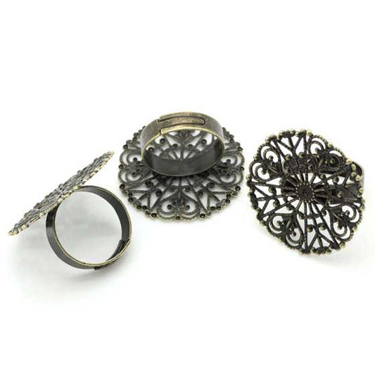 Antique Bronze, Adjustable Ring Frame, Tray 3.1cmx3.2cm, 10 pcs