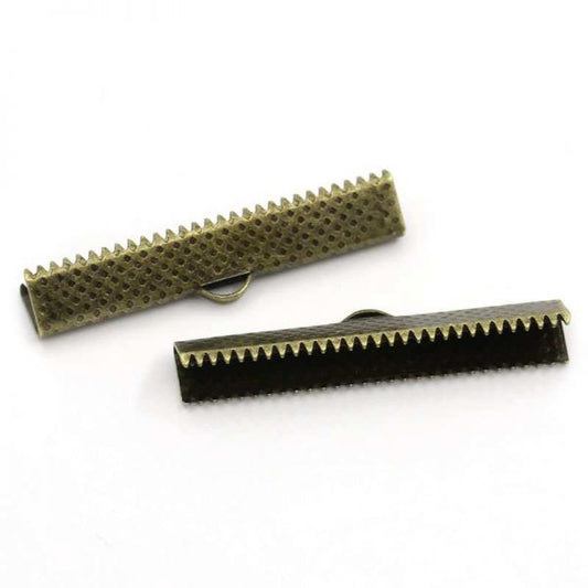 Ribbon Crimp Ends, antique bronze plated textured End Caps 25x8mm, 100pcs
