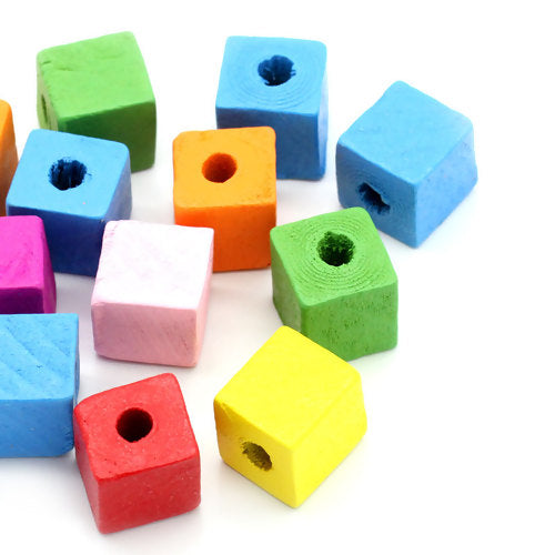 Wooden Beads Cube, 14mm, Mixed, hole approx 4.5mm, 50pcs