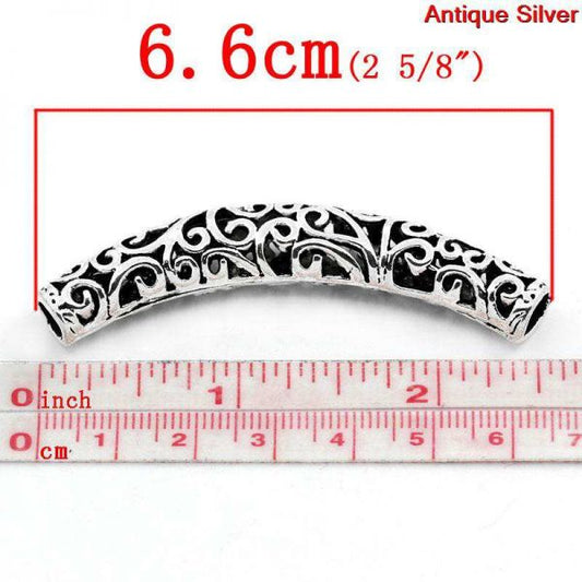 Antique Silver Tube Hollow Pattern Carved 6.6x1.2cm,  5PCs