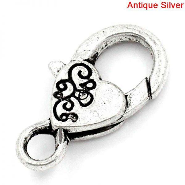Antique Silver Love Heart Lobster Clasps 26x13mm, 10pcs