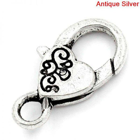 Antique Silver Love Heart Lobster Clasps 26x13mm, 10pcs