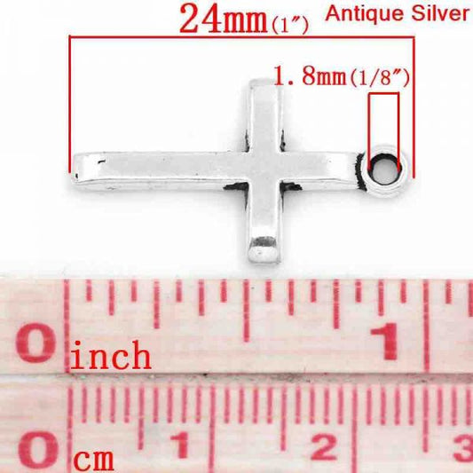 Antique Silver Cross Charm Pendant, 24x14mm, 60pcs