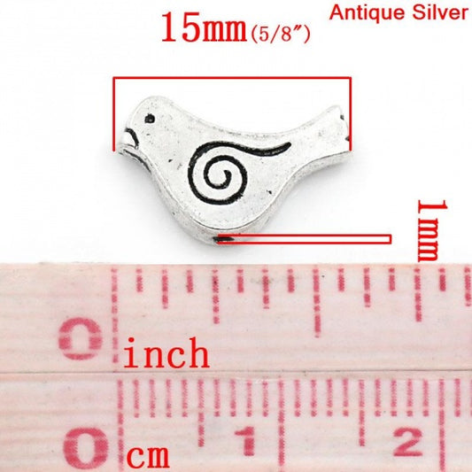 Antique Silver, Bird Bead, 15x11mm, 50pcs - great little bead