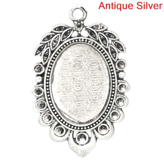 Antique Silver Frame Settings 48x31mm (fit 28x18mm), oval 5pcs,