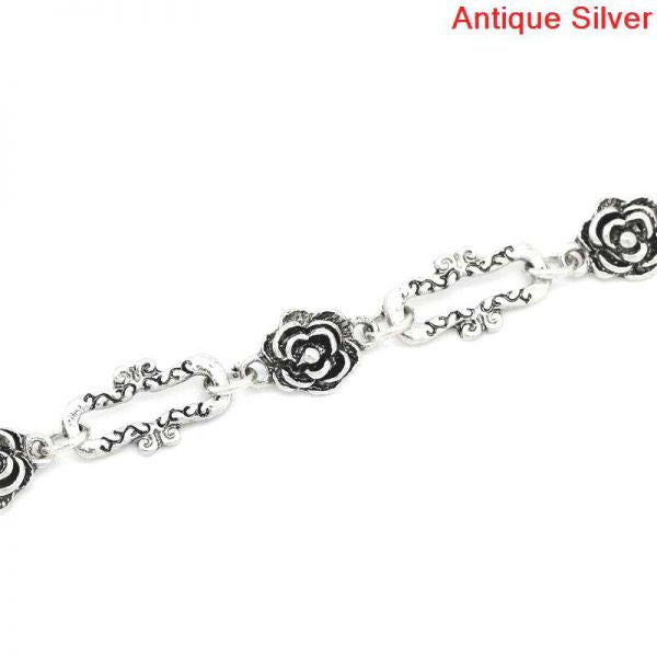 Antique Silver Flower Rectangle Chain Necklace, 15x3mm, 1 metre