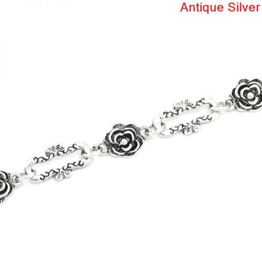 Antique Silver Flower Rectangle Chain Necklace, 15x3mm, 1 metre