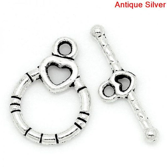 Antique Silver, Toggle Clasp Heart Design, 50 sets