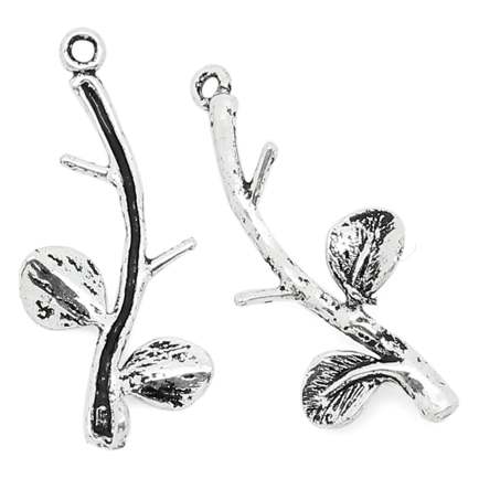 Antique Silver Branch & Flower Charm Pendants 24x10mm, 10pcs