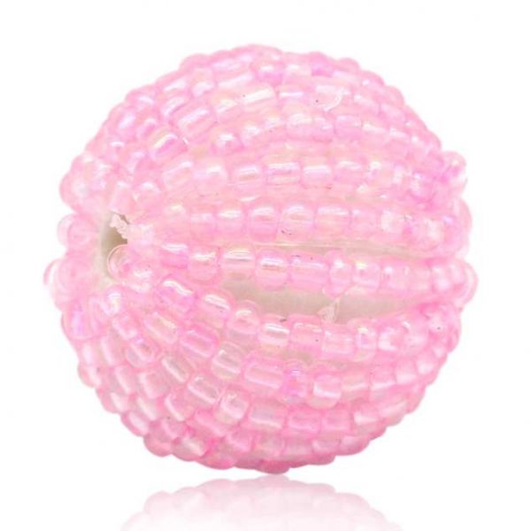 Acrylic Round Pink Woven Beads 24mm, 10 pcs - covered in seed beads