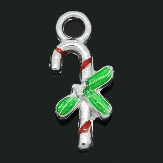 Silver Plate Enamel Christmas Candy Cane Charm Pendants, 17x8mm, 10pcs,