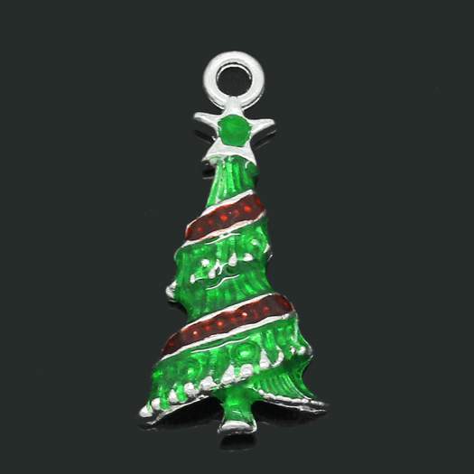 Silver Plate Enamel Christmas Tree Charm Pendants, 30x14mm, 10pcs,