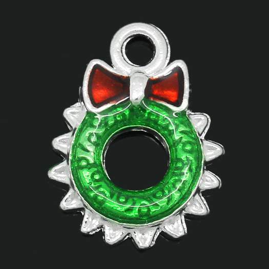 Silver Plate Enamel Christmas Wreath Charm Pendants, 18x13mm, 10pcs, Style 2
