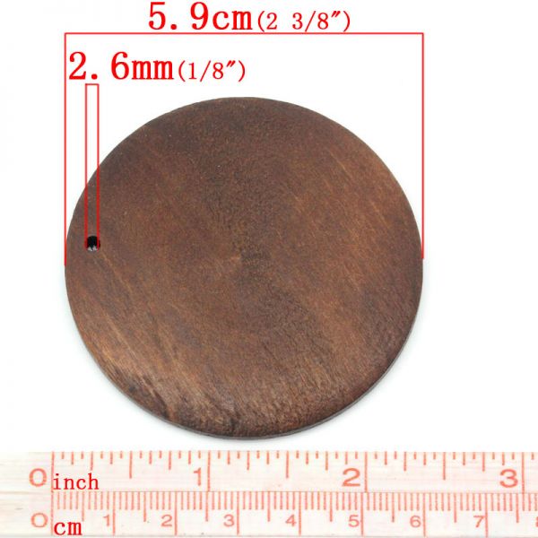 Wooden Round Pendant, Brown, 5.9cm, 20pcs - Huge