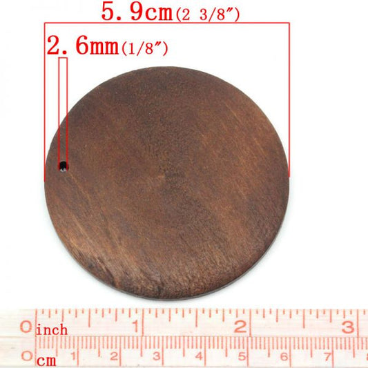 Wooden Round Pendant, Brown, 5.9cm, 20pcs - Huge