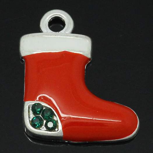 Silver Plate Enamel Christmas Stocking Charm Pendants, 17x15mm, 10pcs,