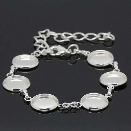 Silver Plated Round Cabochon Setting Disk Bracelets 25cm, 2pcs
