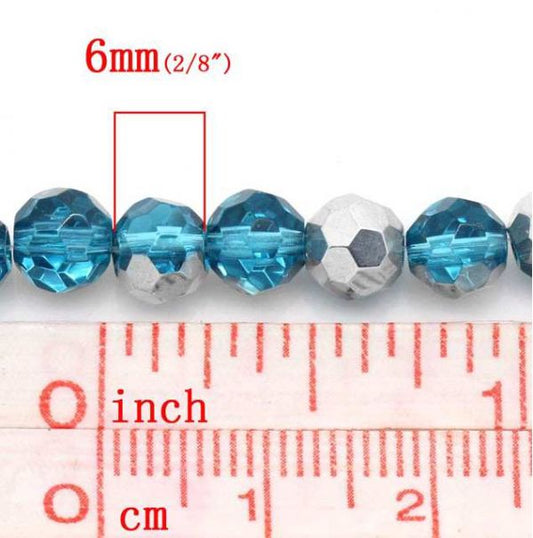 Crystal Glass Faceted Round, Blue Silver, 6mm, 3 strands, 30cm