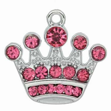Antique Silver Crown Charm with Pink Rhinestones 20x21mm, 5pcs