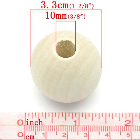 Wooden Beads Round, 33mm, 5 pieces, Raw (10mm hole)