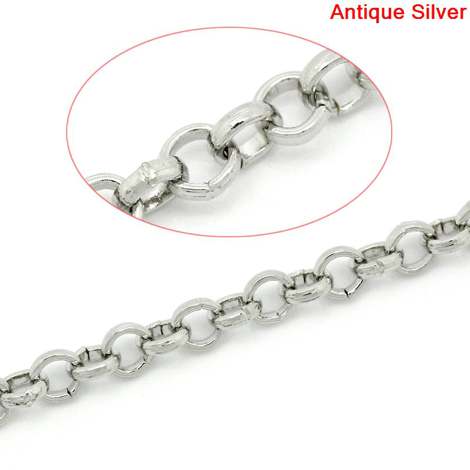 Antique Silver Belcher Rolo Chain, 4mm, 5 metres  - Link Opened