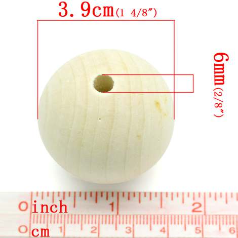 Wooden Beads Round, 39mm, 5 pieces, Raw (6mm hole)