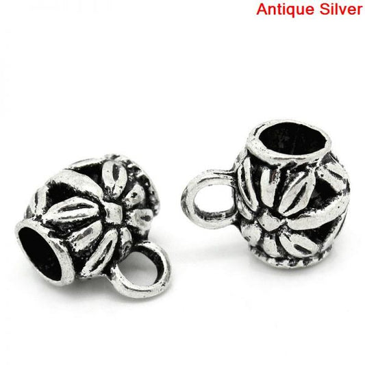 Antique Silver Plated Bail Beads, 11x9mm, 50pcs - Flower Design