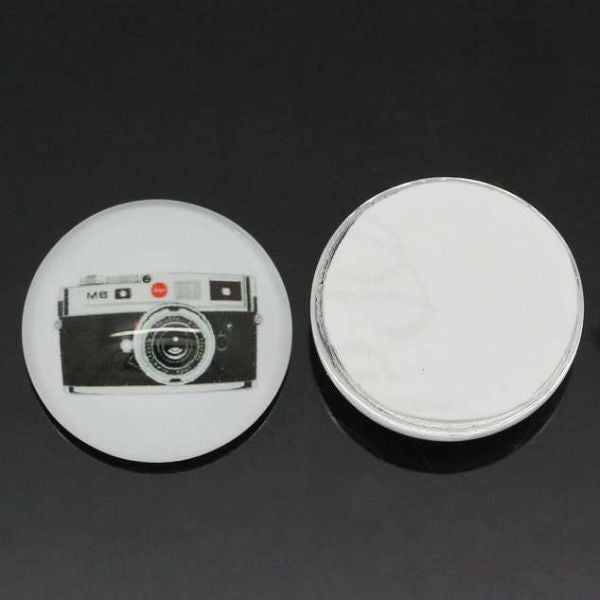 Glass Cabochon, Black and White Camera, Round 16mm, 2pcs