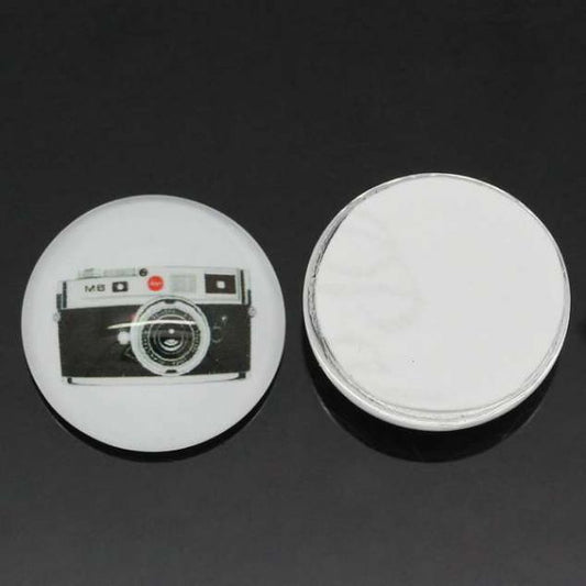 Glass Cabochon, Black and White Camera, Round 16mm, 2pcs