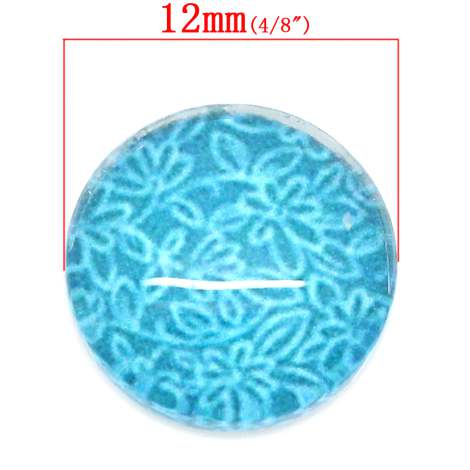 Glass Cabochon Blue Flower Round, 12mm 6pcs