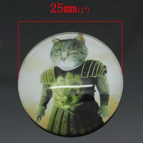 Glass Cabochon, Cat with Armour Round, 25mm 2pcs