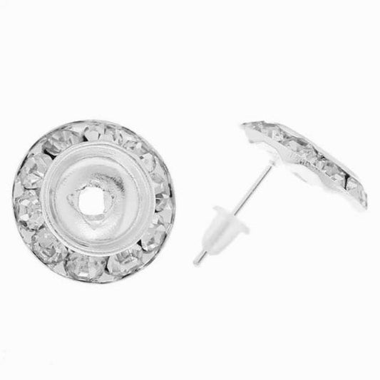 Antique Silver Earring Stud with Stopper, Cabochon setting with rhinestones(fits 9mm) 15x15mm, 15 pairs