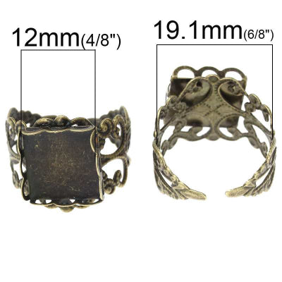 Ring Adjustable, blank casing, fits 12x 12mm, Antique Bronze Plate, 10 pcs