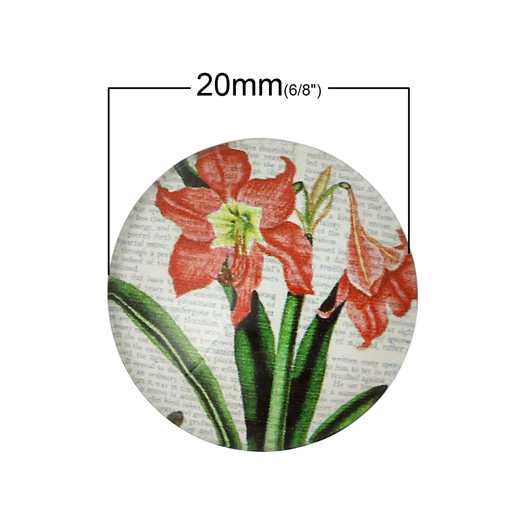 Glass Cabochon Red Green Flower Round, 20mm 2pcs