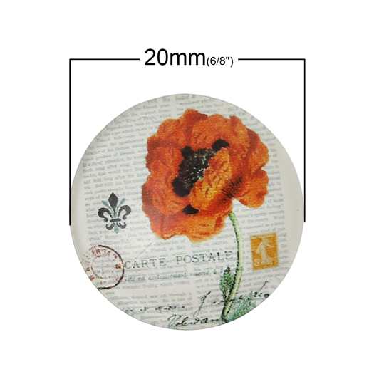 Glass Cabochon Red Flower Round, 20mm 2pcs