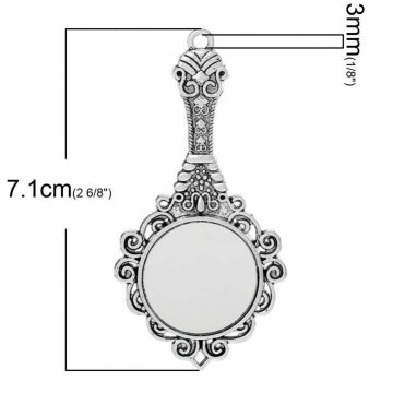 Antique Silver Pendant Mirror Flower Pattern Carved 7.1cm x 3.6cm, 3PCs