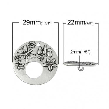 Antique Silver Toggle Clasps, Flower and Dragonfly Pattern Carved 29mm 22mm x 7mm,10 Sets