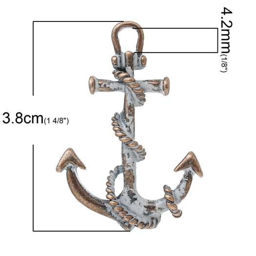 Antique Copper, White Accented Anchor Pendant, 38 x 27mm, 10pcs