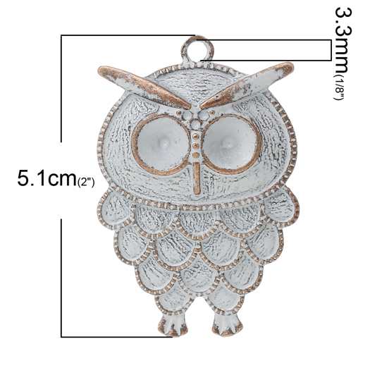 Antique Copper, White Accented Owl Pendant, 51 x 34mm, 5pcs