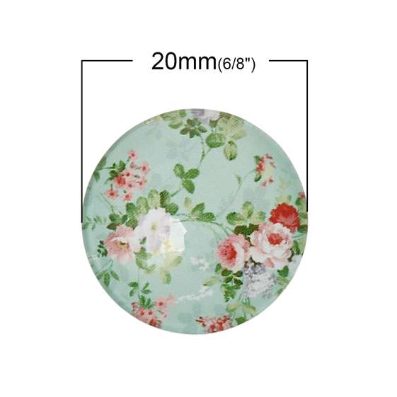 Glass Cabochon Flower Pattern Round, 20mm 2pcs