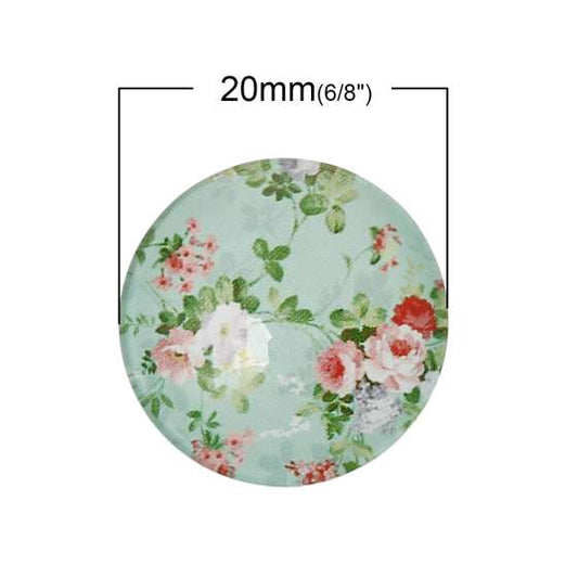 Glass Cabochon Flower Pattern Round, 20mm 2pcs